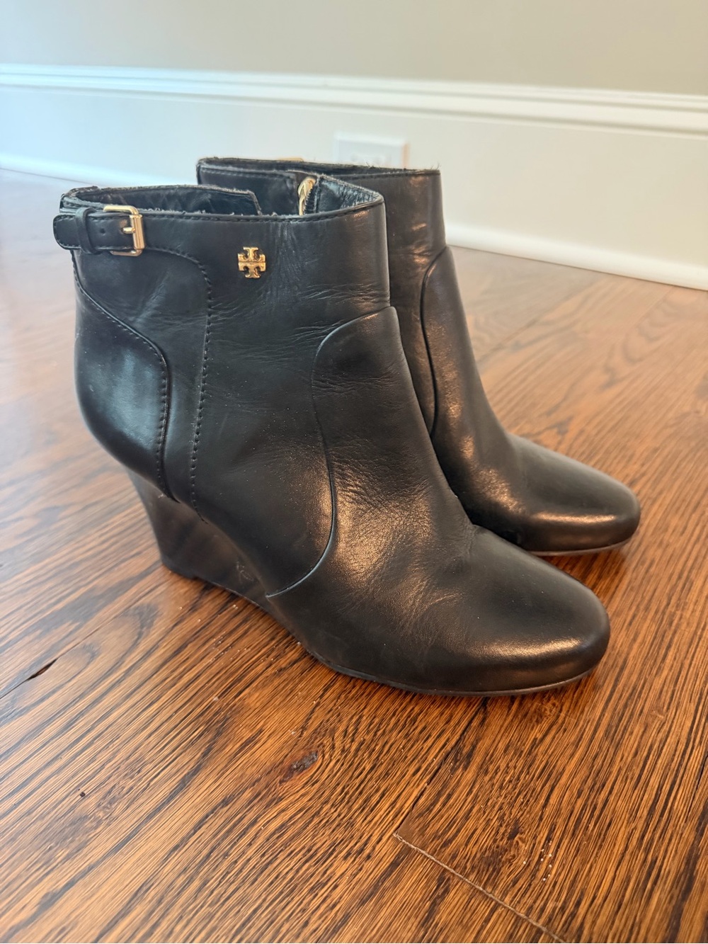 Tory Burch Black Leather Wedge Ankle Boots with Gold Logo